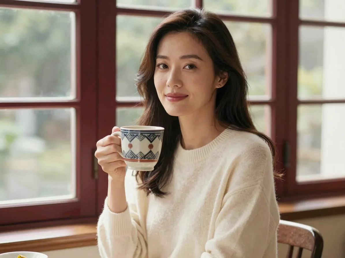 portrait of a stylish Taiwanese woman, early 30s, natural makeup, wearing a soft cream sweater, sitting by a large windo
