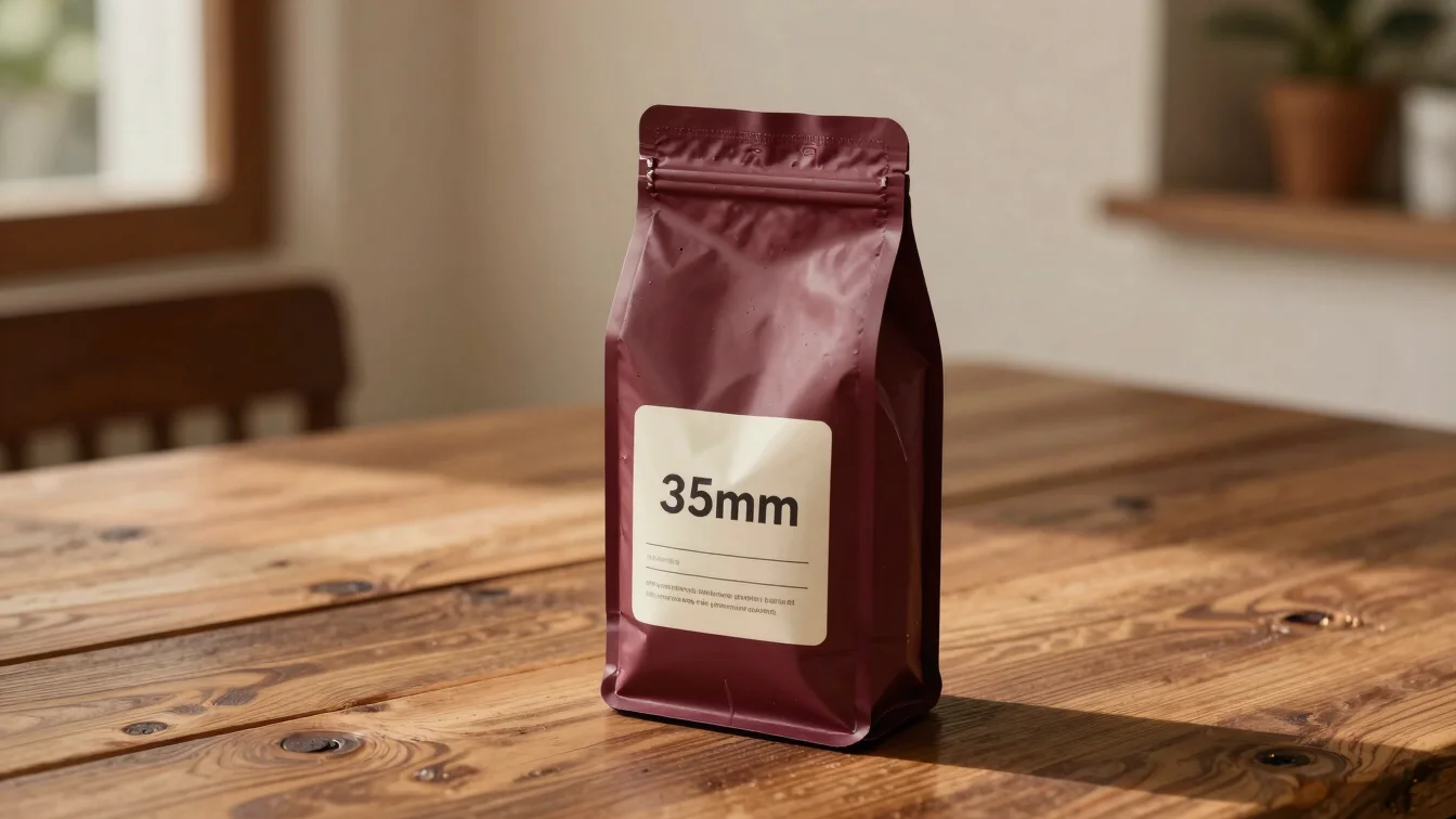 Warm editorial lifestyle photography of a gourmet coffee bag on a