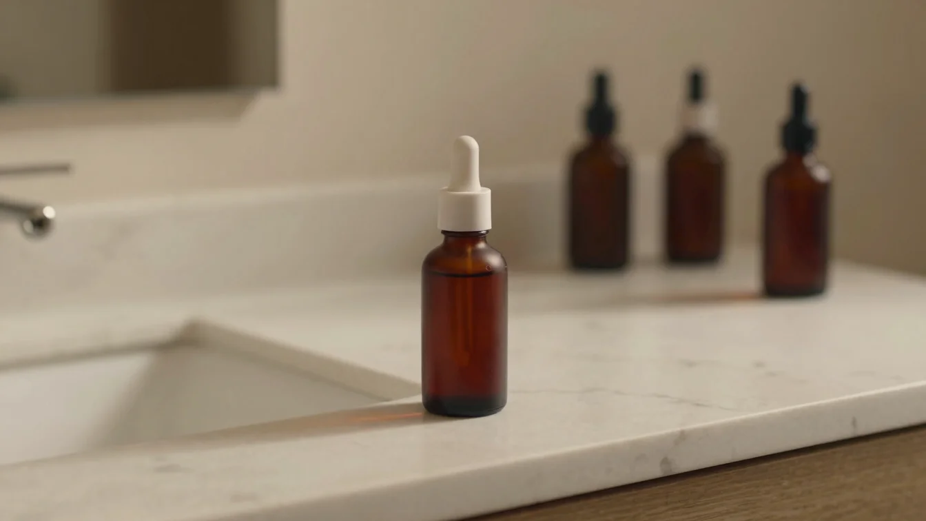 Warm editorial lifestyle photography of a natural skincare serum