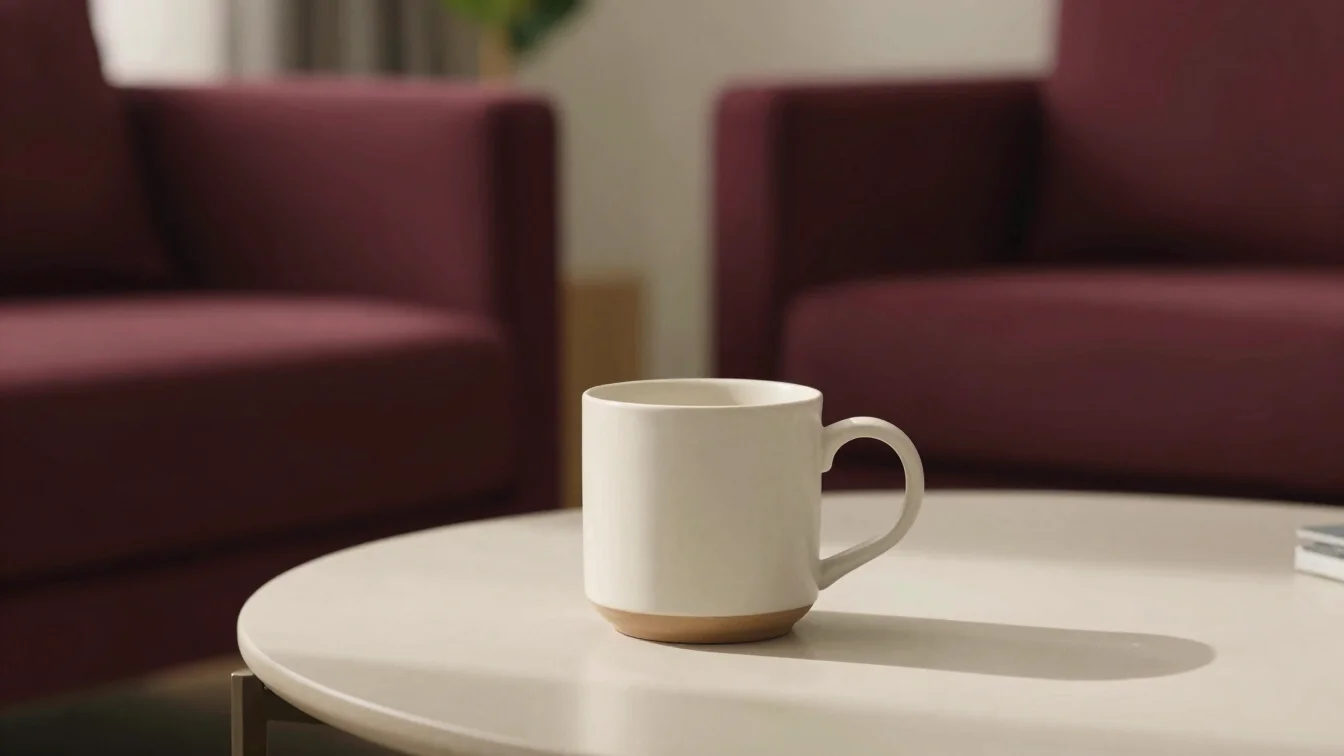 Warm editorial lifestyle photography of a minimalist ceramic mug